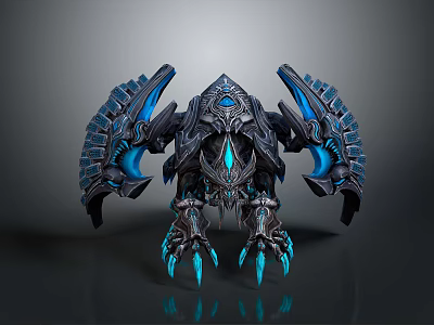 Mechanical Sci Fi Creature With Blue Glowing Elements Wing Like Structures And Sharp Claws 3d model