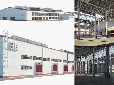 Industrial Factory Building With White Exterior Red Doors Large Windows Steel Frame And Spacious Interior 3d model