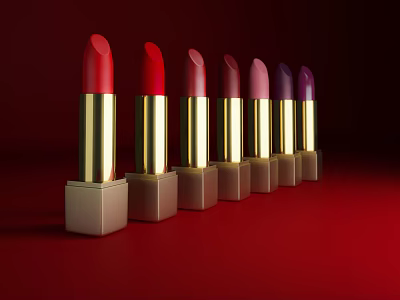 Elegant Cosmetics Lipsticks With Various Colors Golden Cases On Red Background 3d model