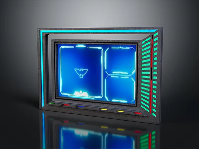 Computer Monitor With Retro Futuristic Design Blue Display And Colorful LED Trim 3d model