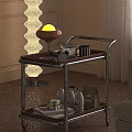 Modern Rolling Side Table with Wood Metal Frame Two Tier Tray Top for Living Room Decor