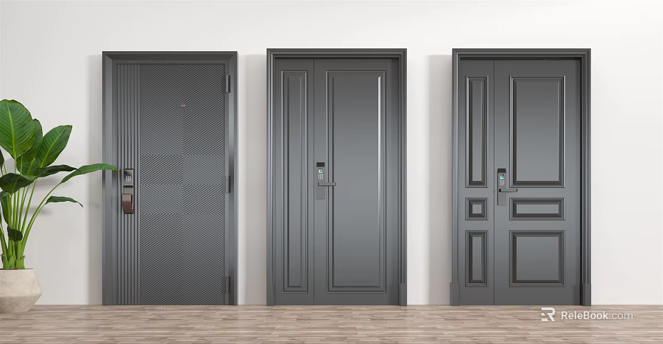 Three Modern Gray Security Doors With Diverse Panel Designs And Lock Systems 3d model