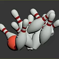 White Bowling Pins And Red Bowling Ball In Scattered Arrangement As Household Items