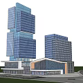 Modern High Rise Office Building With Glass Curtain Wall And Night Lighting