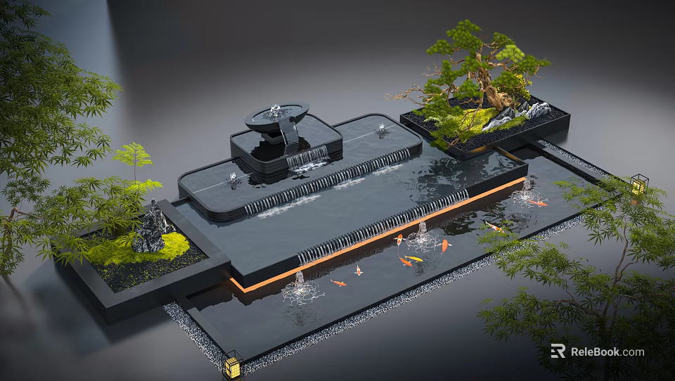 Modern Water Fountain With Waterfall Koi Fish Green Plants And Decorative Lighting 3d model 