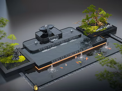 Modern Water Fountain With Waterfall Koi Fish Green Plants And Decorative Lighting 3d model