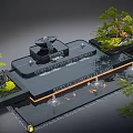 Modern Water Fountain With Waterfall Koi Fish Green Plants And Decorative Lighting