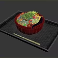 Red Bowl Japanese Ramen With Fresh Vegetables Sliced Meat Nori On Black Tray And Chopsticks