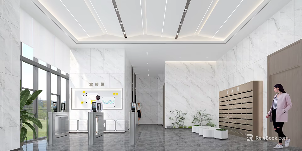 Modern Front Desk Reception Area With Marble Walls And Ceiling Light Strips 3d model