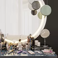 Modern Dressing Table With Round Mirror Hanging Pendant Lights Cosmetics And Pink Flowers