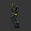 Futuristic Black And Yellow Mechanical Character With Glowing Blue Eyes And Armor