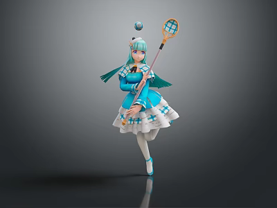 Man in Blue White Outfit Holding Tennis Racket and Ball Standing Pose 3d model