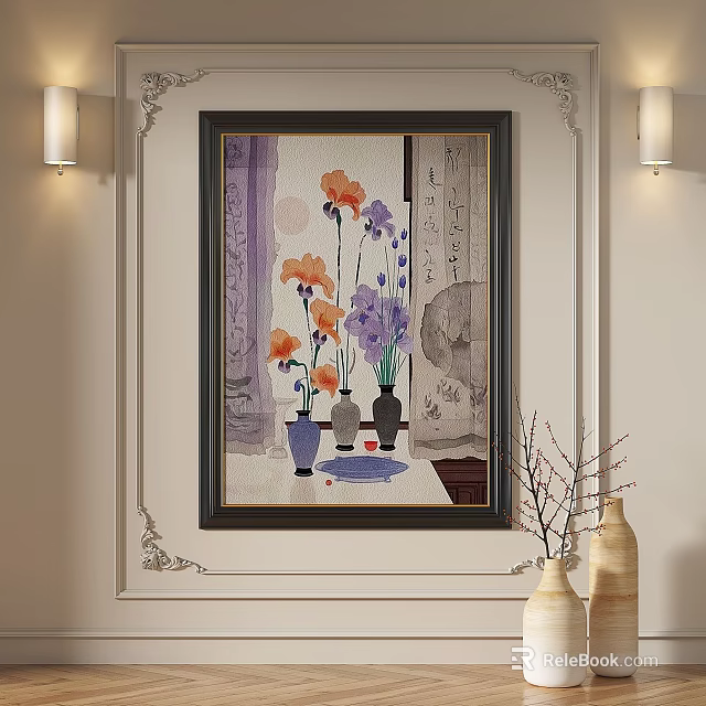 Floral Oil Painting Interior With Colorful Vases Calligraphy Background And Black Frame 3d model 