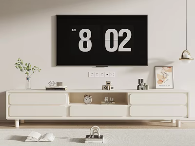 White TV Stand with Clock Books Decorations Green Plant Wall Art and Large Screen 3d model