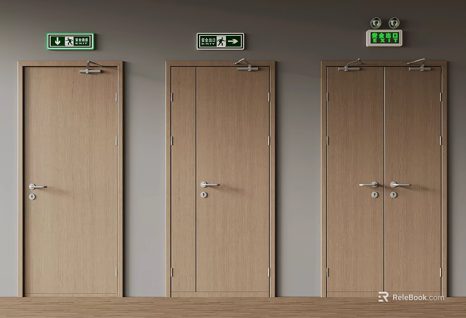 Wooden Swing Doors With Light Brown Finish Door Handles And Exit Signs On Gray Walls 3d model 