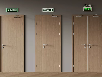 Wooden Swing Doors With Light Brown Finish Door Handles And Exit Signs On Gray Walls 3d model