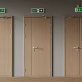 Wooden Swing Doors With Light Brown Finish Door Handles And Exit Signs On Gray Walls