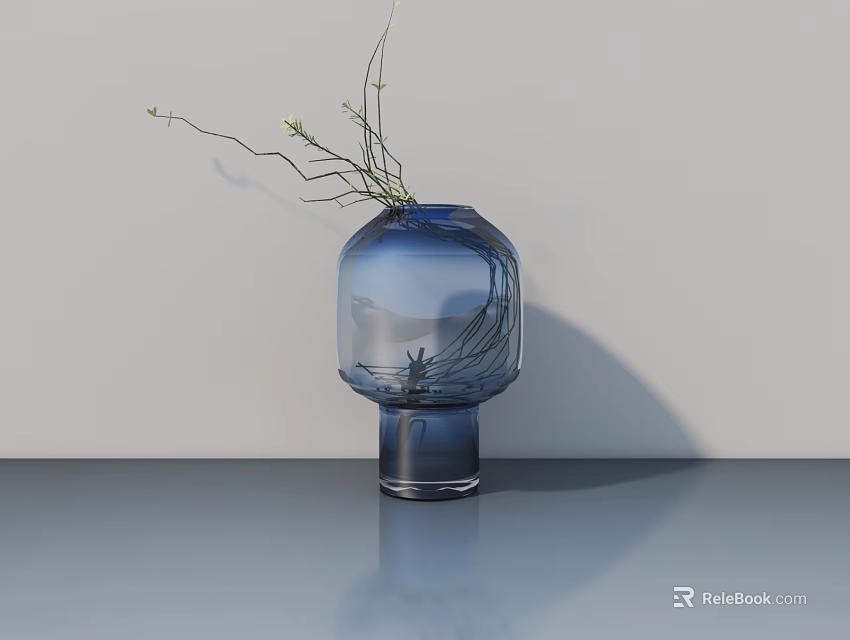 Blue Transparent Glass Vase With Thin Branches And Small White Flowers On Gray Tabletop Minimalist Design 3d model 