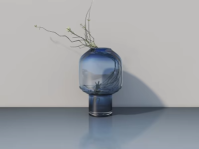 Blue Transparent Glass Vase With Thin Branches And Small White Flowers On Gray Tabletop Minimalist Design 3d model