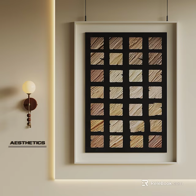 Modern Aesthetic Interior With Framed Multicolor Wooden Square Artwork And Wall Lamp 3d model