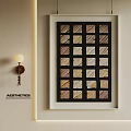 Modern Aesthetic Interior With Framed Multicolor Wooden Square Artwork And Wall Lamp 3d model