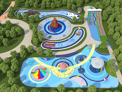 Fun Water Playground With Rainbow Slides Circular Pools Colorful Umbrella Structures And Trees 3d model