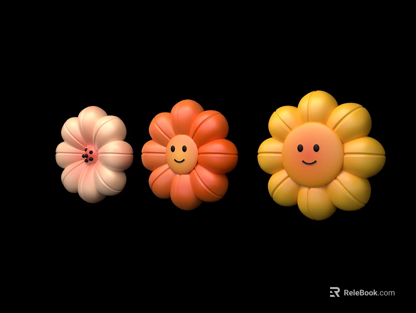 Colorful Smiley Face Flowers in Pink Orange Yellow with Cheerful Design 3d model 