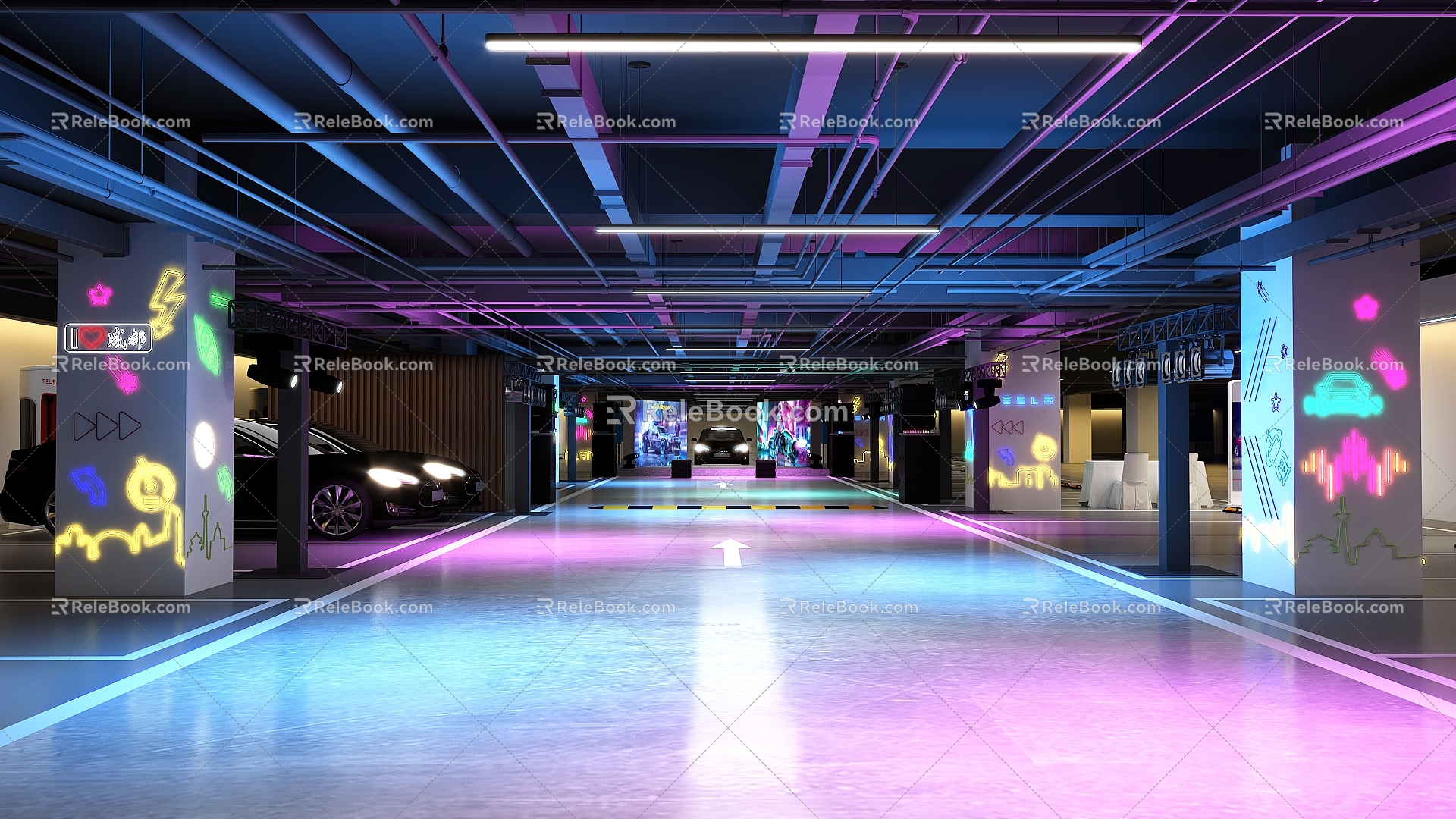 Tesla Taikoo Li activity underground parking lot atmosphere creation 3d model