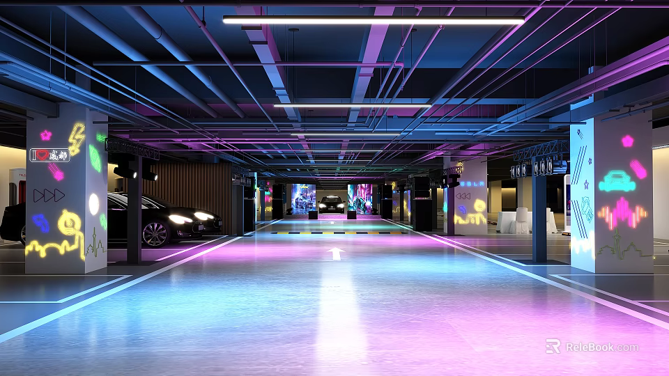 Modern Parking Garage With Colorful LED Lighting Sleek Ceiling And Reflective Floor 3d model 