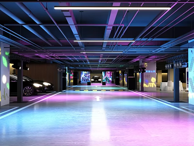 Modern Parking Garage With Colorful LED Lighting Sleek Ceiling And Reflective Floor 3d model