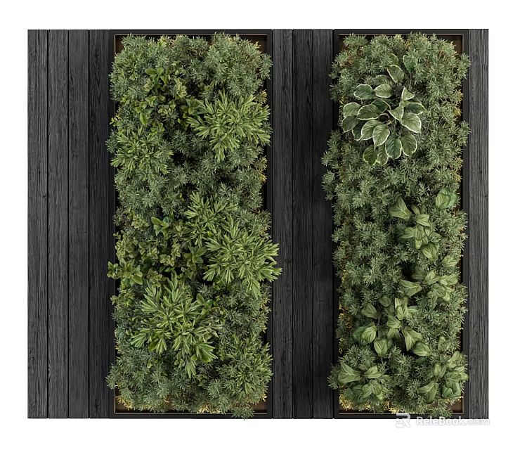 Vertical Living Green Plant Wall Design With Diverse Green Plants And Dark Wood Backdrop 3d model 