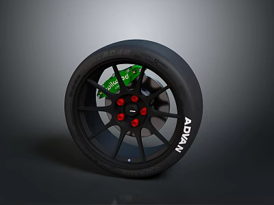 Car Wheel With Black Rim Red Bolts Green Brake Caliper And ADVAN Tire 3d model
