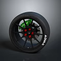 Car Wheel With Black Rim Red Bolts Green Brake Caliper And ADVAN Tire