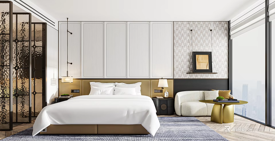 Modern Hotel Guest Room King Bed White Linens Wall Paneling Nightstand Lamp Sofa Area Rug 3d model 