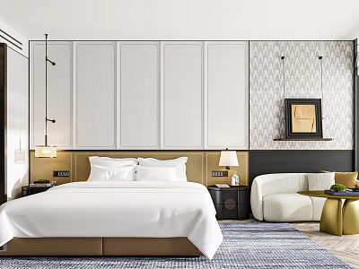 Modern Hotel Guest Room King Bed White Linens Wall Paneling Nightstand Lamp Sofa Area Rug 3d model