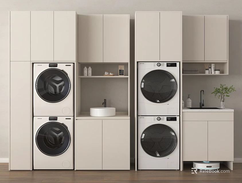 Modern Bathroom Cabinet Frame with Stacked Washer Dryer Sink and Storage Cabinets 3d model 