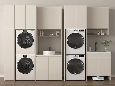 Modern Bathroom Cabinet Frame with Stacked Washer Dryer Sink and Storage Cabinets 3d model