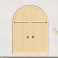 Wooden Double Doors with Arched Top and Carved Details Near Green Plant on Gray Wall