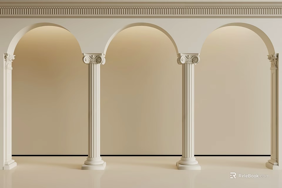 Elegant Classical Interior with White Arches Decorative Columns Light Walls and Floor 3d model 