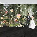 Romantic Garden Decor With Greenery Flowers String Lights And Paper Birds