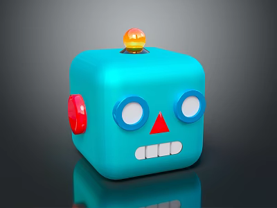 Blue Cube Robot Game Movie Character With Red Button Orange Top And White Round Eyes 3d model