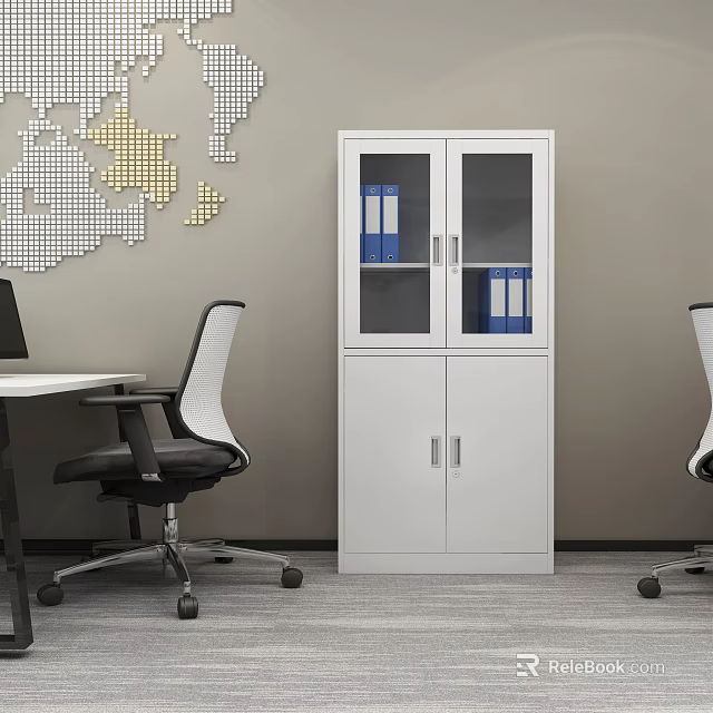 White Office Bookcase With Glass And Cabinet Doors Blue Folders And World Map Decor 3d model 