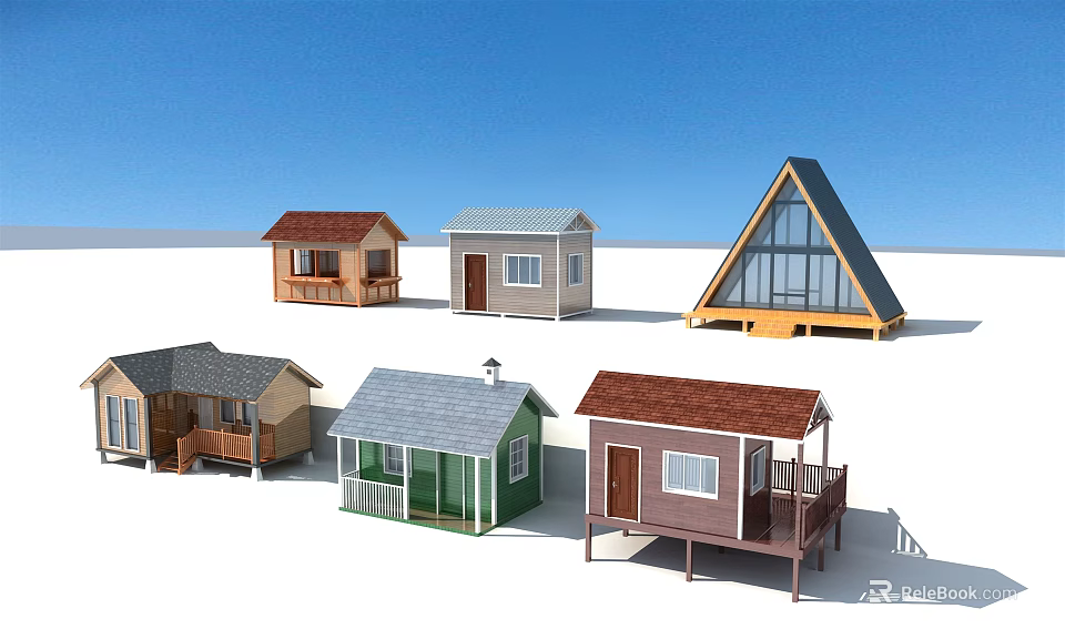 Various Styles Wooden Houses With Different Roof Designs And Colorful Exteriors 3d model 