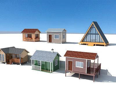 Various Styles Wooden Houses With Different Roof Designs And Colorful Exteriors 3d model