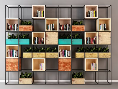 Modern Open Bookcase With Multiple Shelves Books Green Plants And Wooden Panels 3d model