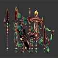 Vibrant Fantasy Weapons Spears Axes Swords With Green Wings And Ornate Red Gold Accents