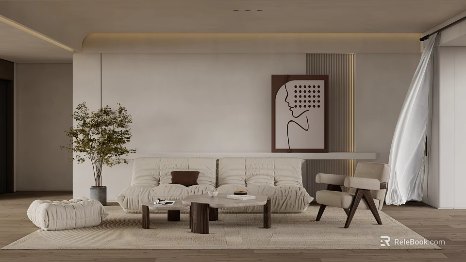 Modern Minimalist Living Room Interior Design With Beige Sofa Accent Chair And Wall Art 3d model 