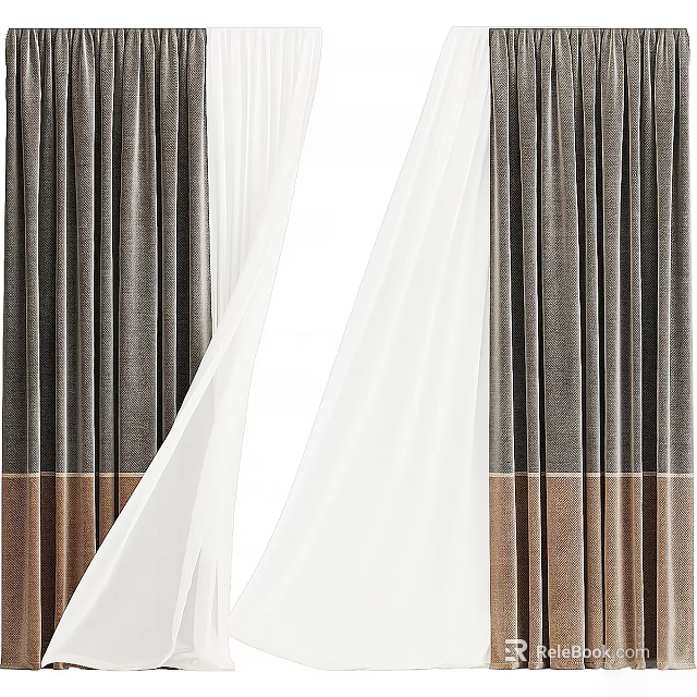 Double Layer Curtains Design With Dark Gray Brown Panel And White Sheer 3d model