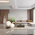 Modern Living And Dining Room With Wooden Accent Wall Large Screen TV White Armchair Open Kitchen And Dining Table