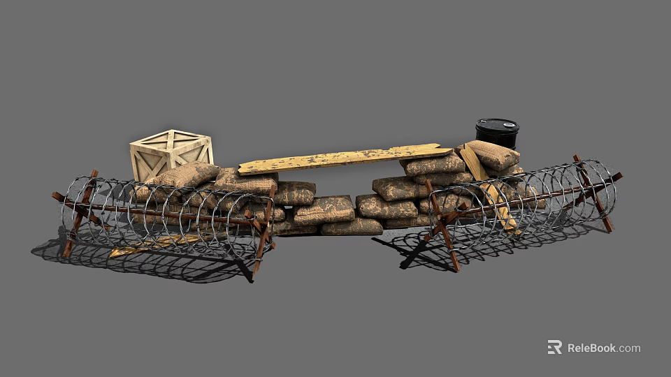 Military Defensive Weapons With Barbed Wire Sandbags And Wooden Crates Setup 3d model 